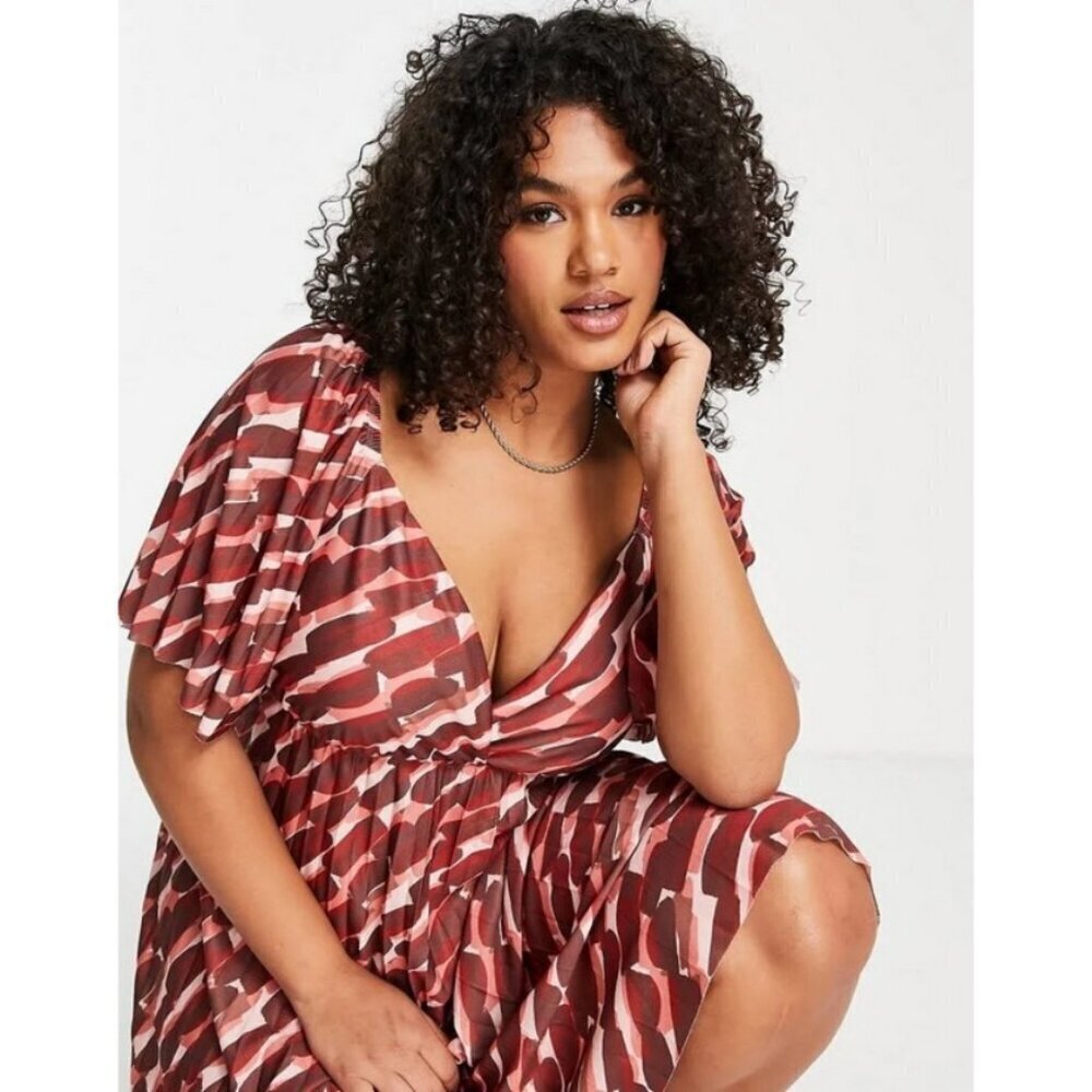 ASOS Design Curve Pleated Twist Back Cap Sleeve Midi Dress Abstract Print 20 NWT